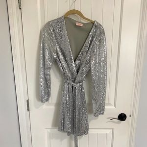 Long Sleeve Silver Sequin Skater Dress